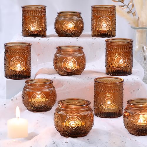 12Pcs Amber Votive Candle Holders - Vintage Glass Candle Holders for Flameless LED Tea Waxes, Tealight Candle Holder for Wedding & Home Table Decor, Vintage Parties - color: Amber, size: 12 PCS