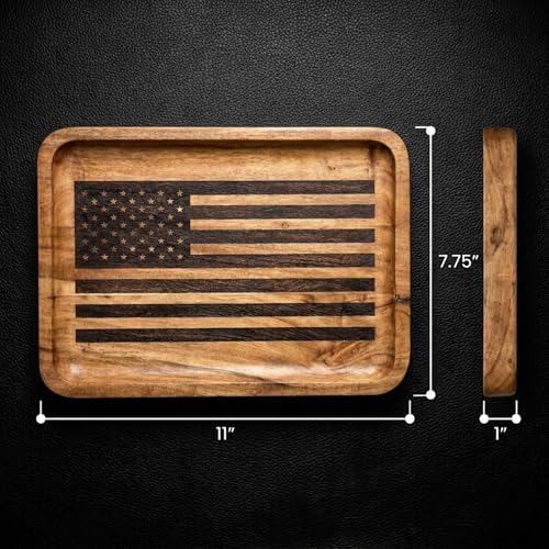 American Flag Valet Tray for Men - Wood EDC Catchall Tray | Laser-Engraved Wooden Tray, Patriotic Key Bowl, Nightstand & Entryway Organizer, Law Enforcement and Police Officer Gifts