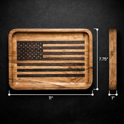 American Flag Valet Tray for Men - Wood EDC Catchall Tray | Laser-Engraved Wooden Tray, Patriotic Key Bowl, Nightstand & Entryway Organizer, Law Enforcement and Police Officer Gifts