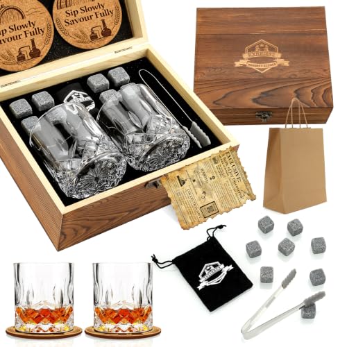 Whiskey Stones Gift for Men, Whiskey Glasses Set of 2 with Premium Wood Box | 8 Granite Chilling Whiskey Rocks, Scotch Bourbon Gifts for Men Him Dad Husband Boss, Ideal for Fathers Day, Birthday, Holiday - style: Straight Glasses+Granite Stones