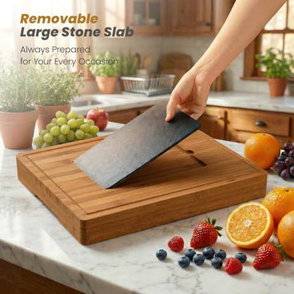 Extra Large Bamboo Charcuterie Board, 3-Layer Pull-Out Trays, Brown | 33.7"x15.7" 3-Layer Pull-Out Cheese Board with Slate Plate, Knife Set, Bowls, Ideal for Home Parties and Housewarming Gifts - color: Carbonized Bamboo