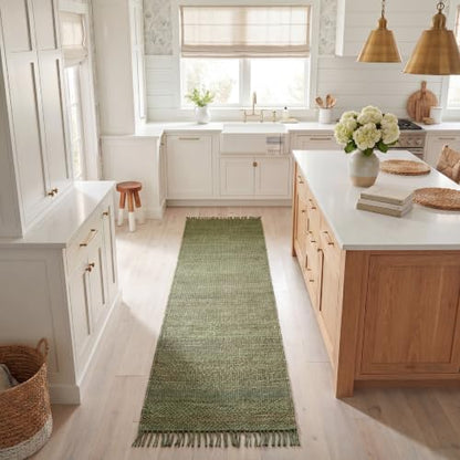 SAFAVIEH Natural Fiber Collection Runner Rug - 2'6" x 8', Green, Handmade Boho Fringe Woven Jute, Ideal for High Traffic Areas in Living Room, Bedroom (NF368G) - color: Green, size: 2'6" x 8' (Runner)