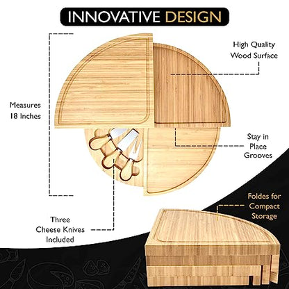 Bamboo Cheese Board & Knife Set, Large Folding 18 Inch Round Wood Rotating Charcuterie Board Set Cheese Meat Wine Serving Tray Platter, Home Decor