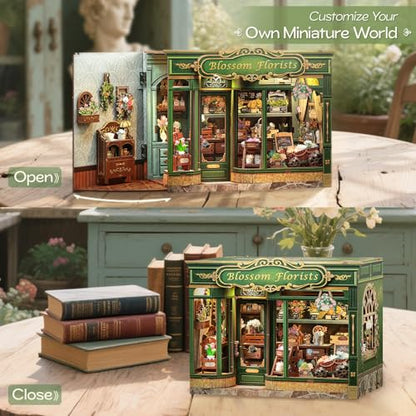 Miniature House Book Nook Kit | DIY Bookshelf 3D Wooden Puzzles for Adults Booknook Plant Gifts for Women Teenagers (Blossom Florists) - style: Blossom Florists