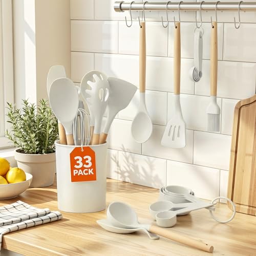 33Pcs Kitchen Utensils Set Silicone Cooking Utensils Set with Wooden Handle | Heat-Resistant, Dishwasher Safe, BPA-Free Silicone Kitchen Utensil Set with Wooden Handles & Holder for Nonstick Cookware - color: White