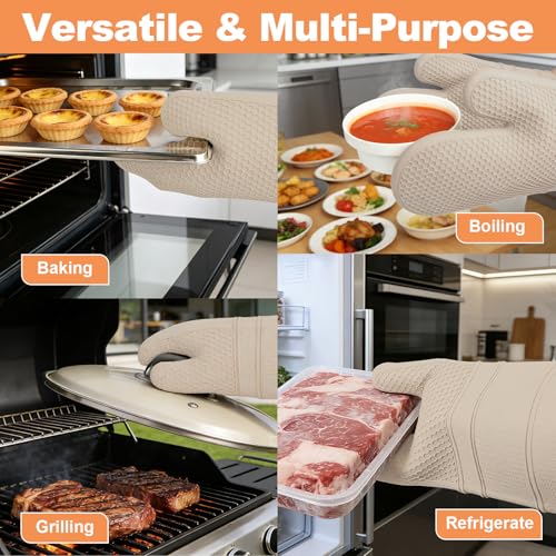 YUTAT Silicone Oven Mitts,Heat Resistant 2PCS Oven Mitts with Soft Polyester Filling,Perfect for Baking and Cooking,Khaki - color: Khaki-honeycomb Surface, size: 13“L x 7"W-2 Piece