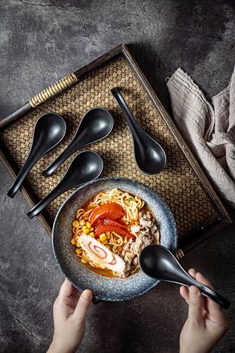 LYEOBOH Soup Spoons, Ceramic Ramen Spoon Set of 6-6.5inch Japanese Spoons | Chinese Spoons with Deep Hook Non-slip, Stackable Korean Spoons Deep for Pho Pasta Cereal, Dishwasher & Microwave Safe, Black - color: Black