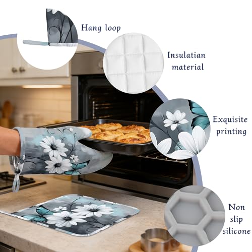 Turquoise Daisy Butterfly Oven Mitts and Pot Holders Sets of 4 Farm Floral Heat Resistant Silicone Oven Mits Gloves Non-Slip Kitchen Mittens Potholders for Cooking Baking Grilling BBQ - color: Turquoise Daisy Butterfly,farm Floral
