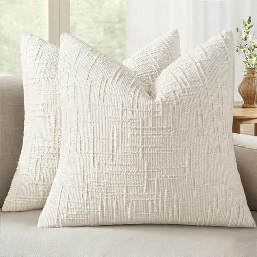 MIULEE Chenille Textured Throw Pillow Covers Cream White 18x18 Set of 2 | Slubby Decorative Pillows, Boho Farmhouse Home Decor, Modern Neutral Cushion Covers for Couch Sofa Bed Living Room - color: Cream White, size: 18" x 18" (Pack of 2)