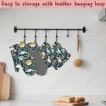 Cute Dinosaur Heat-Resistant Silicone Oven Mitts and Pot Holders 4 Piece Set,Extra Long Non-Slip Kitchen Oven Gloves for Cooking, Baking, BBQ,Grilling - color: Cute Dinosaur