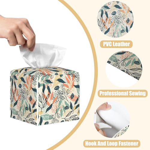 Boho Leaves Tissue Box Cover Square, Tissue Box Holder with Bottom Belt Leather Facial Paper Organizer Dispenser for Bathroom Bedroom Dresser Night Stand Tabletop - color: Boho Leaves