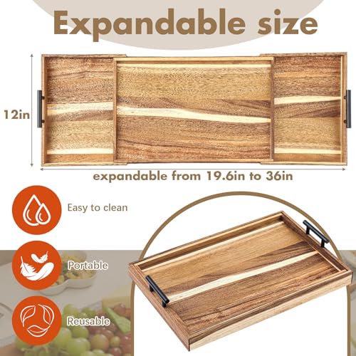 Lounsweer Acacia Large Charcuterie Board with Handles and Knife Set Expandable 19.6 to 36 Inch XL Wood Serving Tray Long Cheese Platter for Party Gatherings Entertaining House Gift(Double-Side Pull) - size: 19.6 to 36 Inch