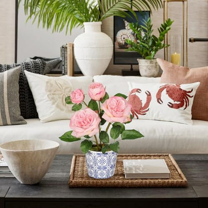 Hollyone Pink Real Touch Roses Artificial Flowers in Vase Blue and White Porcelain Ceramic Pot 13.4" Fake Roses Flower Arrangement Artificial Plants & Flowers Potted Plant Faux Silk Rose Flower - color: Rose 3 - Pink (13.4inch)