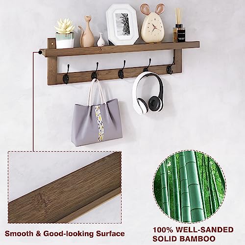 SMIBUY Coat Hooks with Shelf Wall-Mounted, 29.2 Inch Entryway Coat Rack for Wall, Bamboo Hanging Shelf with 5 Double Metal Hooks for Bathroom, Bedroom, Kitchen, Living Room, Mudroom (Walnut) - color: Walnut+Black