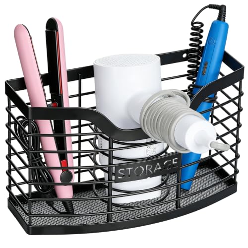 Hair Tool Organizer, Hair Dryer Holder for Bathroom Vanity Counter Cabinet | Dresser Blow Dryer Holder, No Drilling Wall Mount Storage Basket for Blow Dryers, Shaver, Comb, Curling Iron, Straightener - color: Black