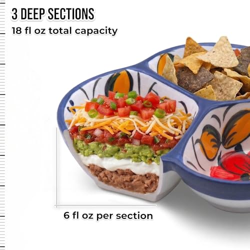 3-Compartment Ceramic Serving Dish, Handmade in Spain | 7.5” divided chip and dip bowl with lead-free glaze, microwave, oven and dishwasher safe, ideal for tapas, snacks and sauces - color: Fiesta Flower