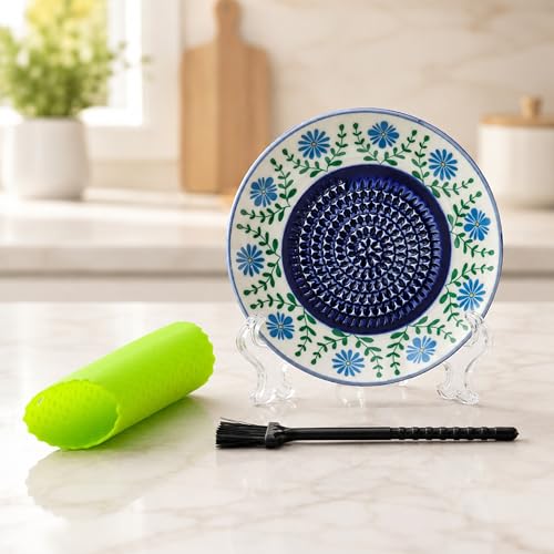 Ceramic Garlic Grater Plate Bowl Tomato Dish Made in Spain Spanish Grating Pan Herb Stripper Peeler Con Tomate Grater Plate Brush Stand Kitchen Gadget Gift Set Ginger Olive Oil Dip(#H) - color: #H
