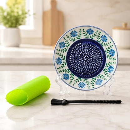 Ceramic Garlic Grater Plate Bowl Tomato Dish Made in Spain Spanish Grating Pan Herb Stripper Peeler Con Tomate Grater Plate Brush Stand Kitchen Gadget Gift Set Ginger Olive Oil Dip(#H) - color: #H