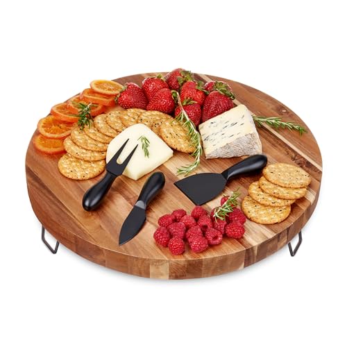 Twine Acacia Cheese Board and Knife Set, Footed Cheese Snack Tray and Cheese Knives Set Cooking Accessories, 16inch Diameter - style: Footed Board and Knife Set