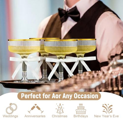 Set of 24 Plastic Champagne Coupe Glasses with Bow 7 oz Gold Champagne Tower Set Stackable Acrylic Ribbed Martini Glasses Cocktail Coupe Cup for Wedding Birthday Party Bar(Bowknot,White) - color: White, style: Bowknot