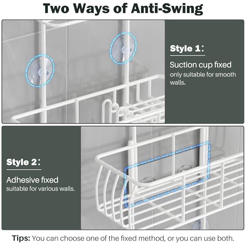 Epicano Shower Caddy Hanging Over Head, White,Stainless Steel | Rustproof,4 Hooks for Towels,Sponge and & Bathroom Accessories,Anti-Swing Suction Cups & Adhesive hooks - color: White
