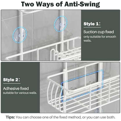Epicano Shower Caddy Hanging Over Head, White,Stainless Steel | Rustproof,4 Hooks for Towels,Sponge and & Bathroom Accessories,Anti-Swing Suction Cups & Adhesive hooks - color: White