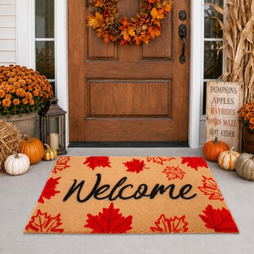 Fall Maple Leaf Welcome Doormat-Maple Fall Decor Coir Outdoor Door Mat | Rubber Non Slip Backing Mat with The Season Autumn Decoration for Home Front Entrance Floor Porch Decor, 29 x 17 IN - color: Brown Leaf