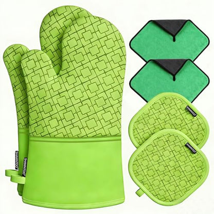 Oven Mitts and Pot Holders Sets 6pcs, Kitchen Oven Glove,High Heat Resistant 550 Degree Extra Long Oven Mitts and Potholders with Non-Slip Silicone Surface for Home Essentials (Grey) (Meadow Green) - color: Meadow Green