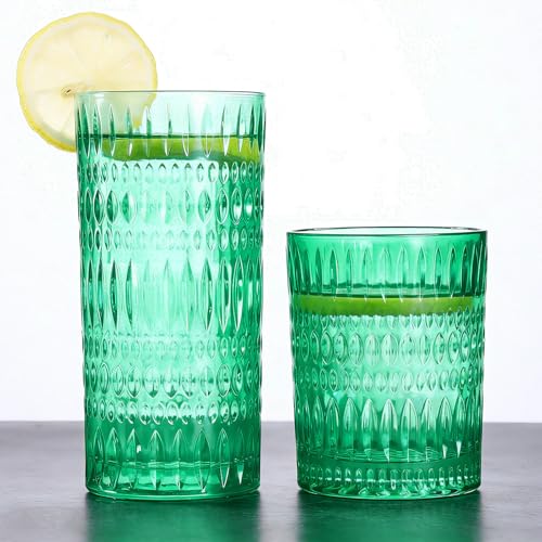 Loivttvv Glassware Drinking Glasses Set of 8, 14 oz Highball Glasses & 10 oz Ribbed Glass Cups, Vintage Glassware for Water, Juice, Cocktail, Whiskey (Dark Green) - color: Atroviens
