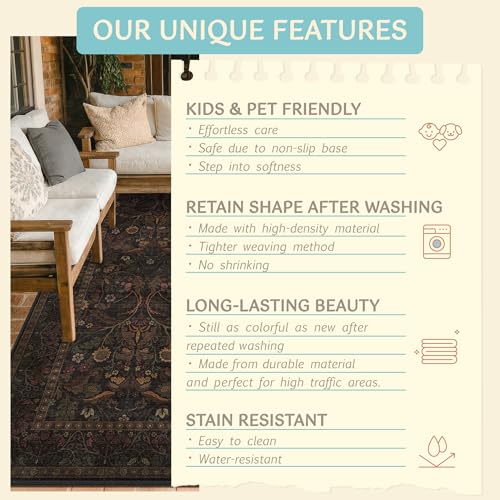 Washable 2x6 Kitchen Runner Rugs Non Slip - Dark Brown Hallway Runner Rug, Farmhouse Non Slip Floral Botanical Bathroom Mats, Southwestern Cabin Bedroom, Hall Way Low Pile Carpet - color: Brown, size: 2' x 6' (Runner)