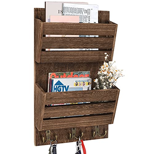Unistyle Mail Organizer with 4 Hooks, Rustic Brown Wall Mount, Cedar Wood Key Holder for Letters, Magazines, Keys, Dog Leashes - color: Brown