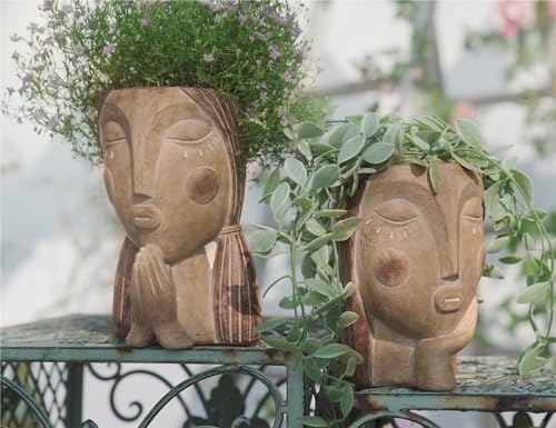 Saysmile Face Planter Pots with Drainage Hole, Resin Head Planters for Indoor Plants Flower Plant Pots Succulent Pot, Cute Girl Face Planter Gifts for Lover-Praying - color: Praying - Rustic