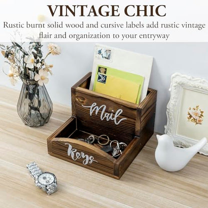 MyGift Burnt Wood Entryway Mail Organizer with Key Storage Tray | Farmhouse-inspired storage solution keeps letters, notes, and everyday essentials tidy with a charming distressed wood finish - color: Burnt Wood