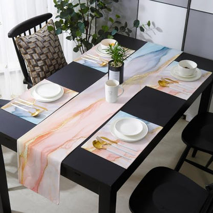 Table Runner and Placemats Set of 6 Marble Texture Decorative Dining Table Runner with Matching Placemats Gold Abstract Art Table Decor for Kitchen Dining Room and Everyday Use 13x90in - size: 13"x90"+6pcs