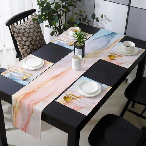 Table Runner and Placemats Set of 4 Marble Texture Decorative Dining Table Runner with Matching Placemats Gold Abstract Art Table Decor for Kitchen Dining Room and Everyday Use 13x70in - size: 13"x70"+4pcs