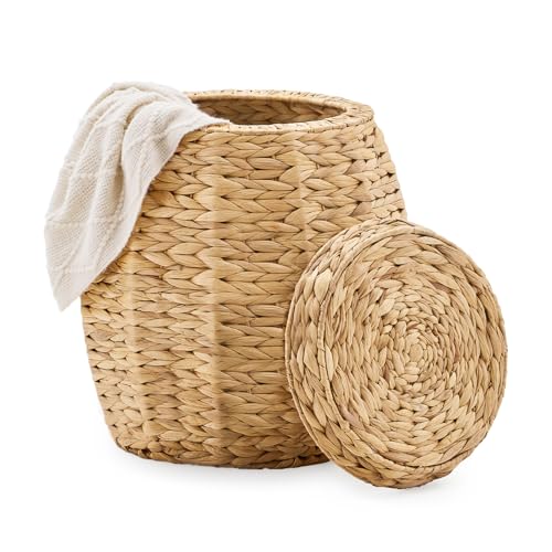 Round Wicker Basket with Lid, Handwoven Hyacinth Storage Basket, Blanket Organizer Basket for Laundry, Bathroom, Bedroom, Living Room, Office - color: Natural, size: 17"