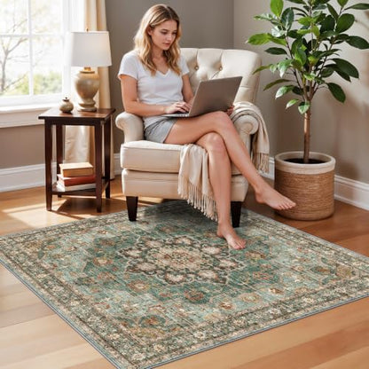 3x3 Washable Rug: Area Rugs for Kitchen Bedroom Bedside Bathroom Entryway | Non Slip Rug with Rubber Backing Low Pile Ultra Soft Stain Resistant Small Carpet Waterproof Easy-Clean Area Rug (Green, 3x3) - color: Green, size: 3' x 3' (Square)
