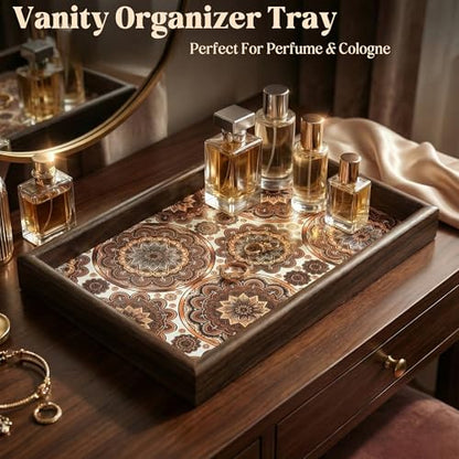 Wooden Valet Tray with Leather Base - Nightstand Catchall Organizer for Cologne, Perfume, Keys, Wallet, Phone, Watch, Jewelry & Sunglasses (Bohemian) - color: Bohemian