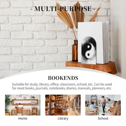 Yin and Yang for Wooden Bookends Set of 2, Heavy Duty Non-Slip Book Ends with Metal Base, Bookends for Shelves Desk Office Classroom Home