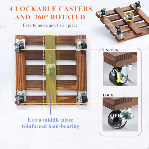 2 Pack Plant Caddy with Wheels, 14" + 12" Rolling Plant Stand 264 LBS Heavy Duty Wooden Square Plant Dolly with Metal 360° Lockable Caster Wheels for Outdoor Indoor Large Plant Pots, Flower Pot, Patio - size: 14"&12"