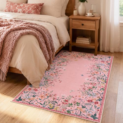 Wonnitar 4x6 Washable Area Rug, Pink Rug for Girls Bedroom, Boho Floral Nursery Rug, Non Slip Accent Carpet for Kids Room, Farmhouse Flower Dorm Vanity Indoor Decor (4x6 Pink) - color: Pink, size: 4' x 6' (Rectangular)