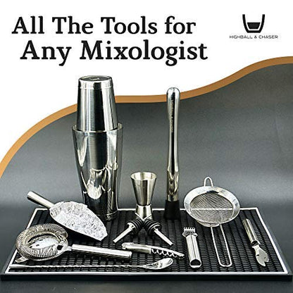 Highball & Chaser 13-Piece Boston Cocktail Shaker Set Stainless Steel Mixology Bartender Kit With Stand For Home Bar Cocktail Set | Laser Engraved Cocktail Tools | Plus E-Book with 30 Cocktail Recipes - color: Natural