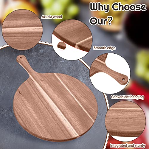 2 Pcs Round Wood Cutting Board Pizza Charcuterie Boards 16" x 12" Acacia Serving Board Wooden Peel Cheese Paddle with Handle Kitchen Gift for Home Food Baking Cheese Fruits Vegetables Bread