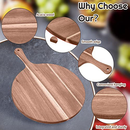 2 Pcs Round Wood Cutting Board Pizza Charcuterie Boards 16" x 12" Acacia Serving Board Wooden Peel Cheese Paddle with Handle Kitchen Gift for Home Food Baking Cheese Fruits Vegetables Bread