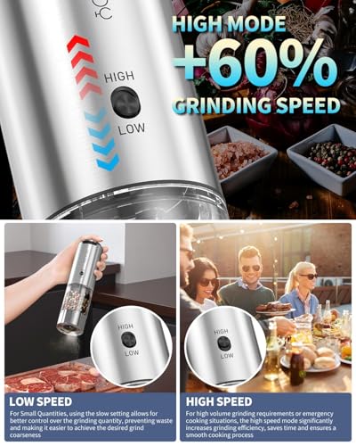 CIRCLE JOY Electric Pepper Grinder Stainless Steel Rechargeable Pepper Mill with Variable Grinding Speed, External Adjustable Coarseness, 95ml Container and White LED Light, Silver - color: 2-Speed Rechargeable