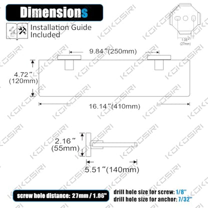 KOKOSIRI Bathroom Glass Shelf 16-Inch Tempered Glass Floating Shelves Shower Storage Kitchen Rack Wall Mount, 2 Pack Black Stainless Steel B1107BK-L16-P2 - color: Matte Black, size: 16-Inch(2 Pack)