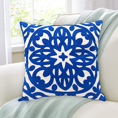 Alysheer Embroidered Decorative Throw Pillow Cover 18x18 inch, Classic Boho Mandala Chic Knit Pattern, 100% Cotton Canvas Cozy Cushion Case for Sofa Couch Living Room Bedroom(Royal Blue) - color: Royal Blue, size: 18" x 18" (Pack of 1)