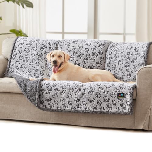 Luciphia Waterproof Dog Blanket Reversible Sherpa Fleece for Large Dogs Cat | Soft Print Pet Blanket Washable Pee Proof, Furniture Protector for Couch Sofa Bed Car, Cozy Throw(65" x 57", Grey) - color: Paw Gray, size: L (65" x57")