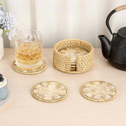 Coastal Coasters Set of 6, Boho Coaster Set with Holder - Cup Mat for Coffee Table, Boho Coaster Home Décor Accents, Heat Insulation, Rattan & Mother of Pearl Coasters, 4 Inch(Fish Scale) - style: Fish Scale