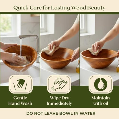 Aurah Salad Bowl, 3.8 Qt Acacia Wood Mixing & Serving Bowl, Medium Size | Kitchen & Outdoor Dining Wooden Bowls for Salad, Pasta and Fruits, 9.7" Diameter x 4.2" Height - size: Medium